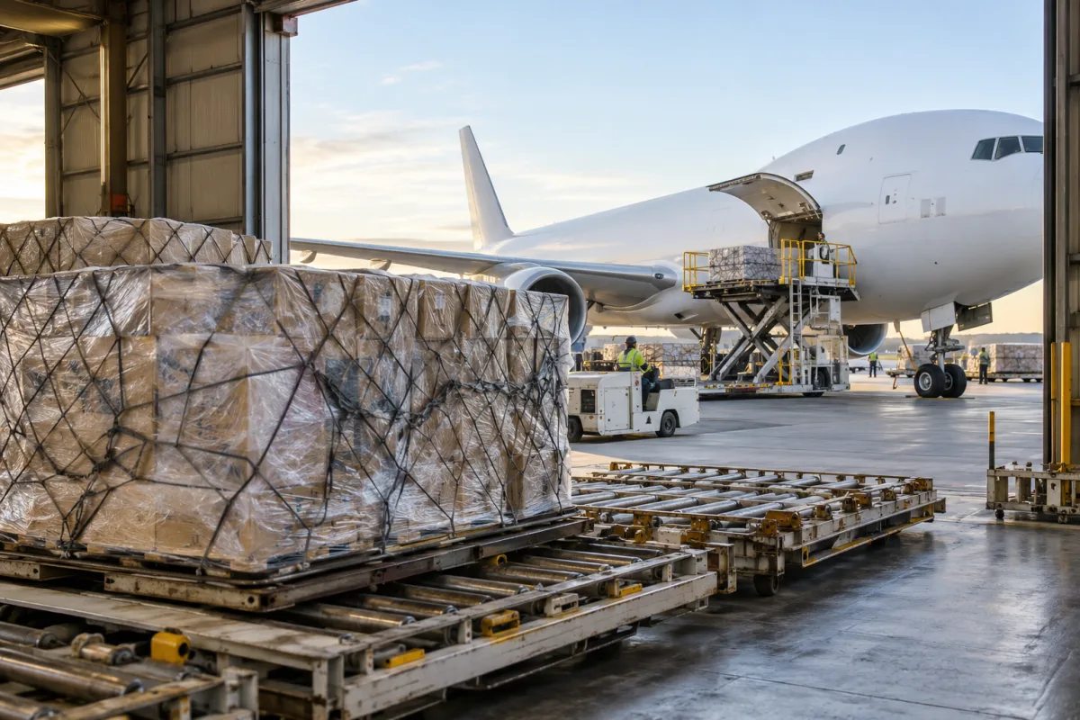 Wrapped cargo pallets beside a cargo aircraft at a freight terminal